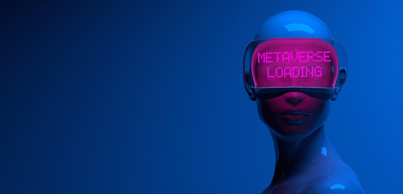 avatar with neon pink goggles that say metaverse loading