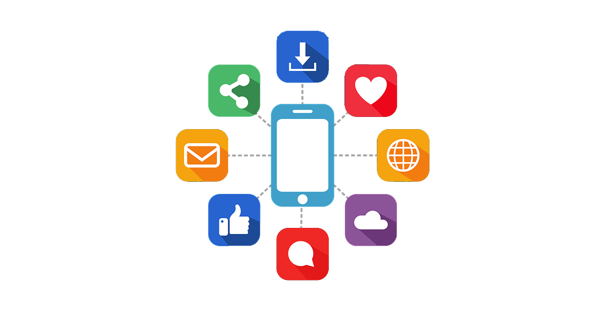 Illustration of social media icons radiating from a cell phone