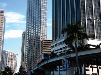 Miami monorail car transiting through downtown Miami