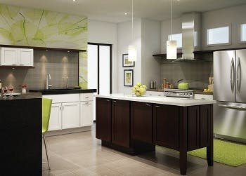 Modern kitchen design with white and dark wood cabinets, stainless steel appliances, and green wallpaper