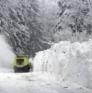 A green truck clearing the snow