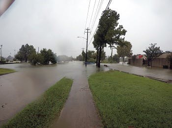 A flooded street in Houston, TX during Hurricane Harvey 