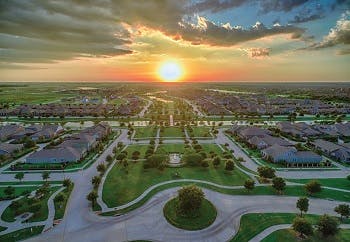 An illustration showing an aerial view of a planned community called Bridgeland