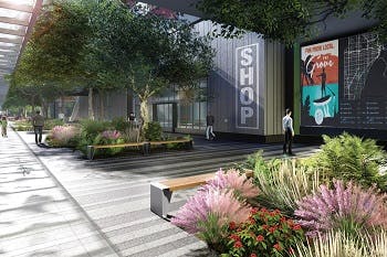 A rendering showing a planned development shopping area called Grove Central featuring a trellis