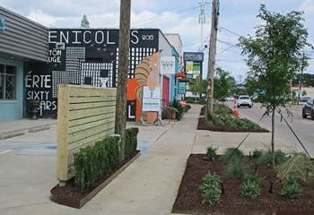 A renovated shopping area showing improved sidewalks lined up with plants and trees