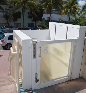 A wheel chair lift on Ocean Drive in Miami Beach