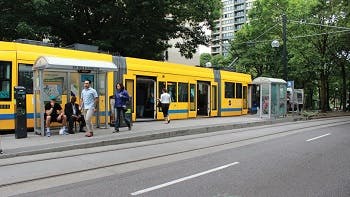 A lightrail car at a stop in Portland