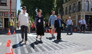 People crossing the street in an urban area in Portland