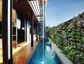 A modern home narrow patio with an equally narrow pool next to it