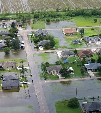 Aerial view of a flooded residential area