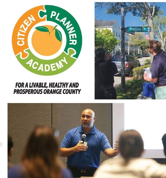 Photo collage featuring the Citizen Planner Academy logo, a walking tour, and a classroon education session.