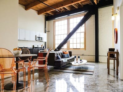 A living room at Lampwork Lofts, a former lampwork factory in Oakland, CA, converted into housing.