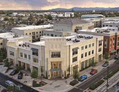 Aerial view of South Bend, IN showing a mixed-use building