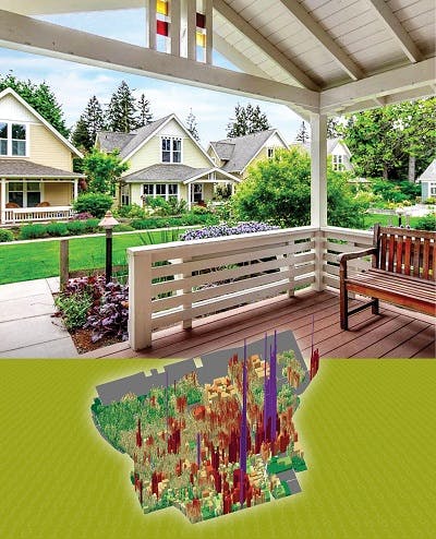 Front yard porch with a 3D city map overlay at the bottom of the image