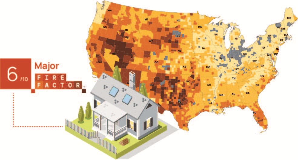 A map of the US showing areas with most risk exposure to fires