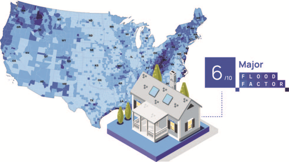 A map of the US showing areas with most risk exposure to floods