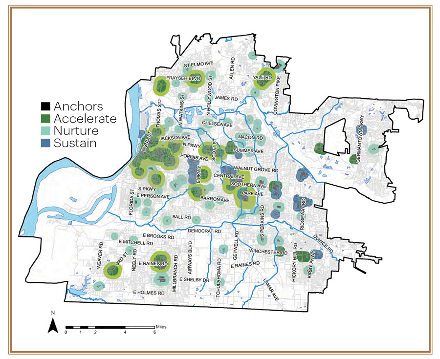 Map of the city of Memphis showing possible anchors for mixed use and walkable communities