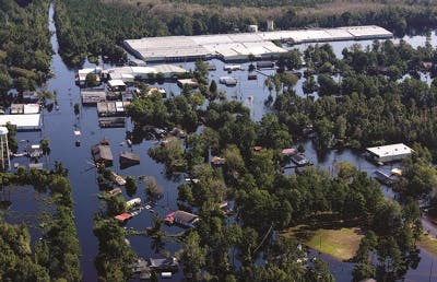 Overhead shot showing a flooded neighborhood