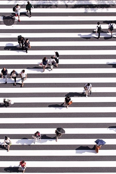 Overhead shot of people using the crosswalk to cross the street