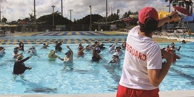 Senior aerobics class in the early morning at Milander Aquatic Center in Hialeah, FL