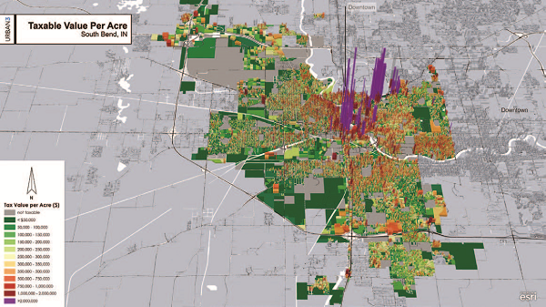 Graphic: taxable value per acre in South Bend, IN (click on the image to enlarge it)