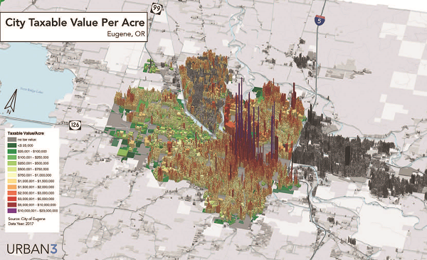 Graphic: taxable value per acre in Eugene, OR (click on the graphic to enlarge it)