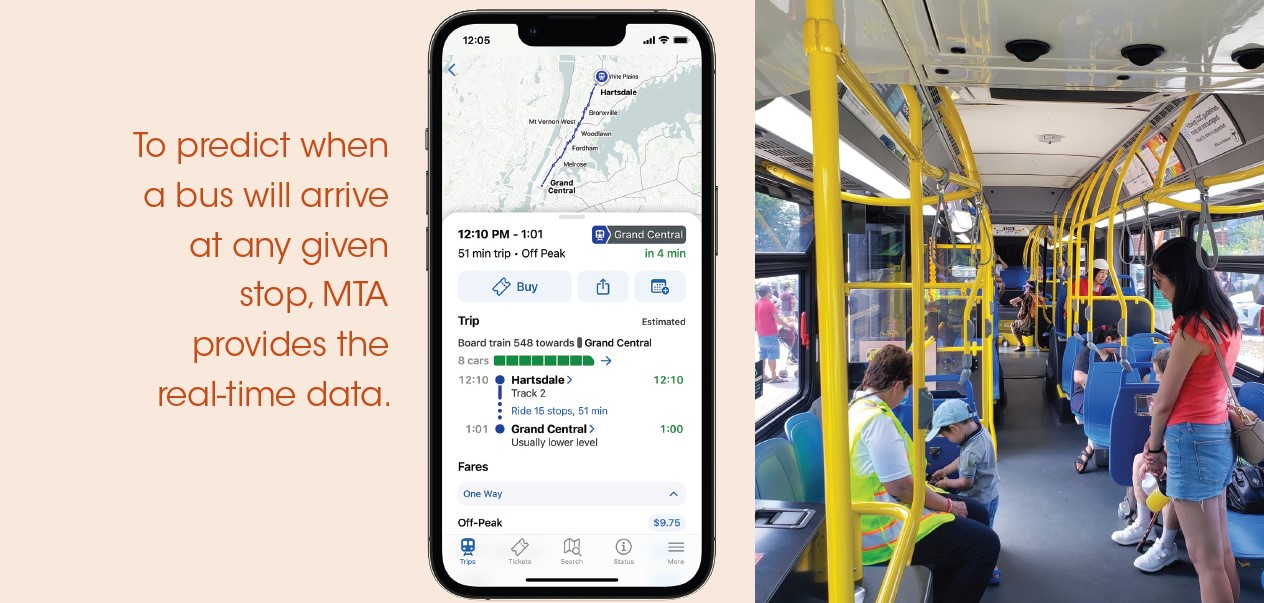 Smart phone showing real time transportation data next to an image of people riding a bus