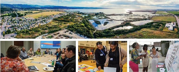 Photo collage featuring an overhead shot of the city of Arcata and community meetings