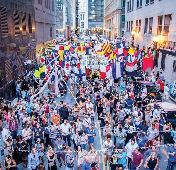 Overhead shot of a street party in downtown Chicago