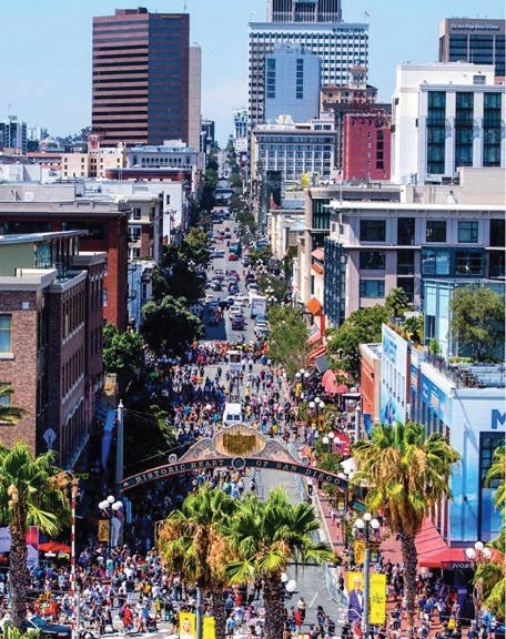 Overhead shot of a street party in the historic downtown, San Diego