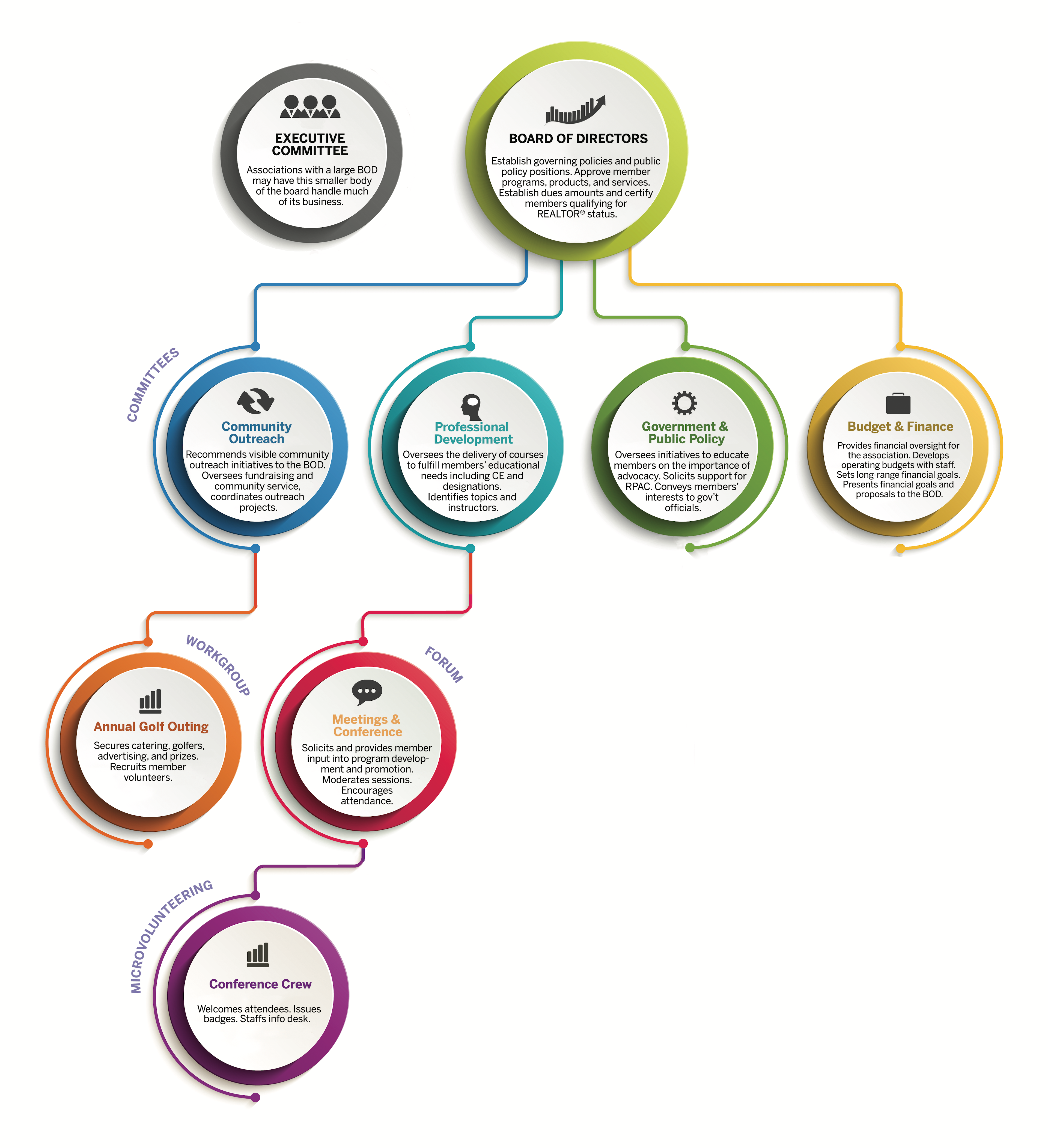 Sample Governance Structure showing board of directors, committees, on down. 