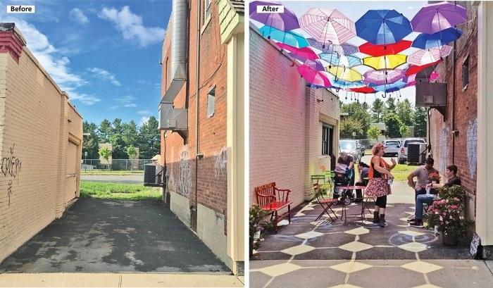 Before and after images: an alley between Tyler Street and a parking lot in Pittsfield (MA) became "Umbrella Alley."