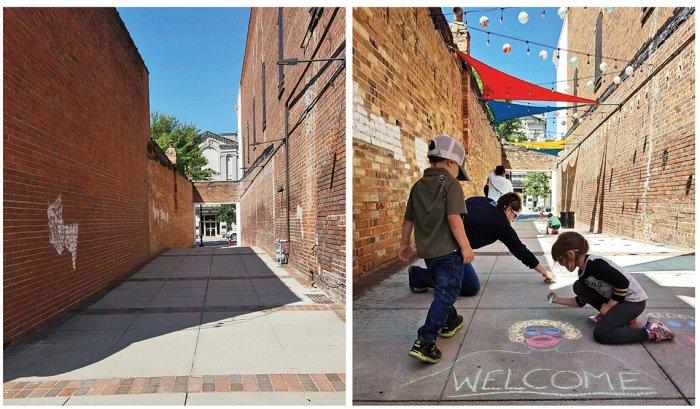 Before and after images: The restored alley in Camden, SC features art pieces, LED string lights and UV shade canopies.