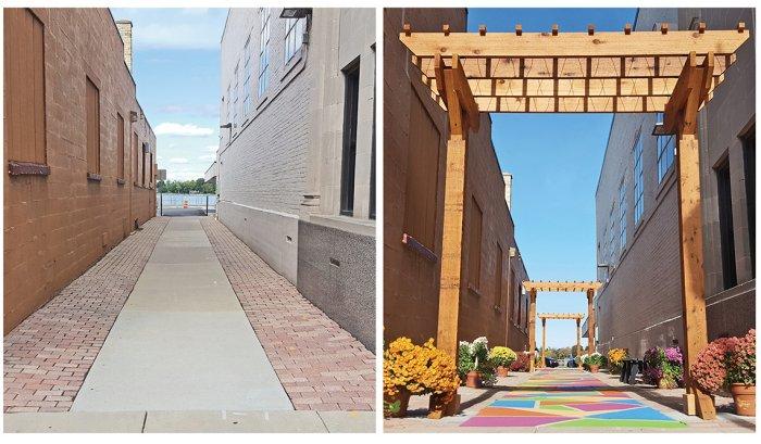 Before and after images: Walkway in Oconomowoc, WI. Colorful art work and several trellises were added to the walkway.