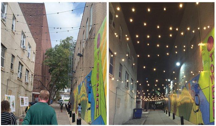 Before and after images: A 135-foot-long mural was added to the side of a building in an alley in Upper Darby, PA. 