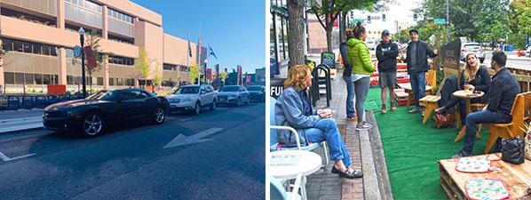 Before and after images of a temporary parklet in the city of Boise, ID