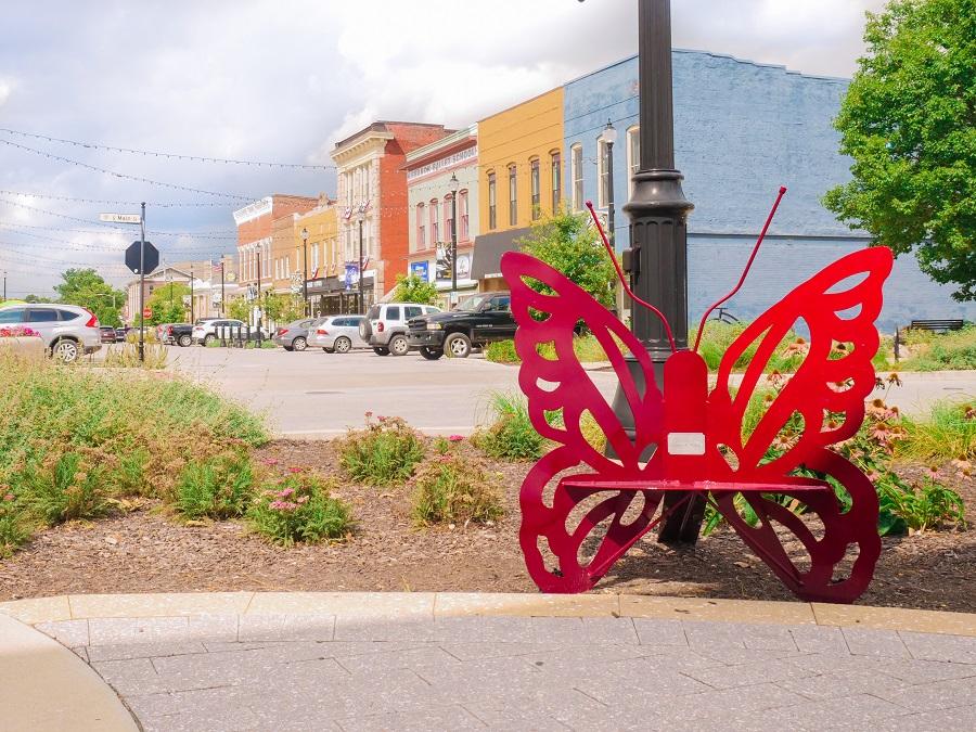 Red butterfly artwork at a square in Lebanon, Indiana