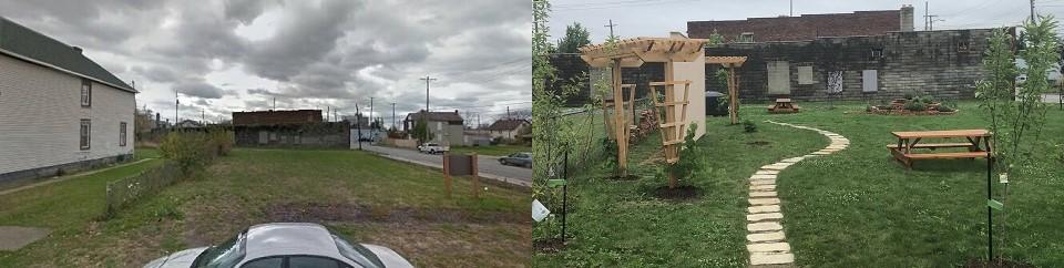 Before and after pictures of an empty lot turned into a park with a walking path, picnic tables, and trellises.