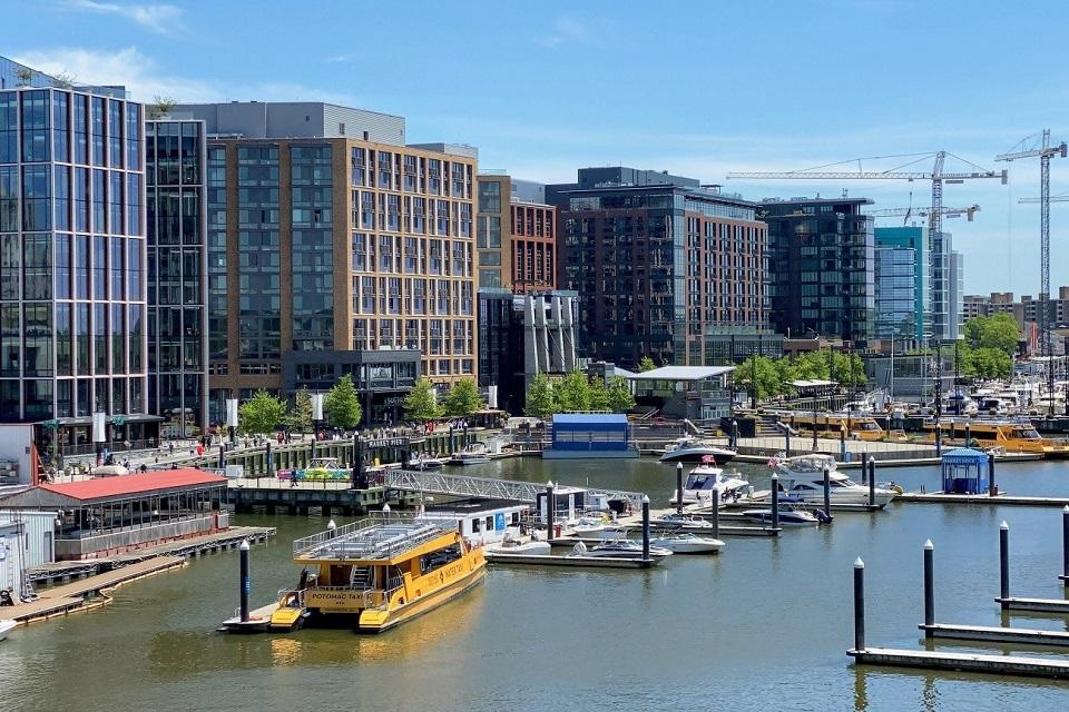 View of The Wharf showing the waterfront buildings and the marina on the Anacostia River