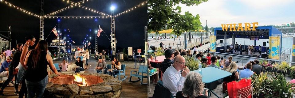 A collage of photos at The Wharf showing people seating around a firepit and another photo showing people watching a concert