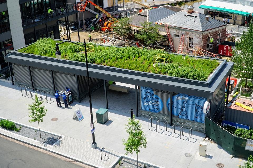 Aerial view of an ice cream parlor at The Wharf with construction going on in the back