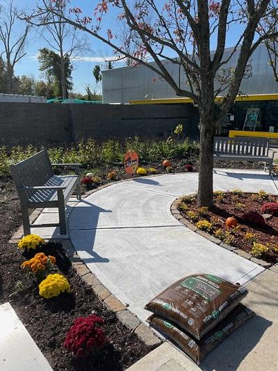 Final development of the animal care center entryway in Staten Island, NY, with plants and benches