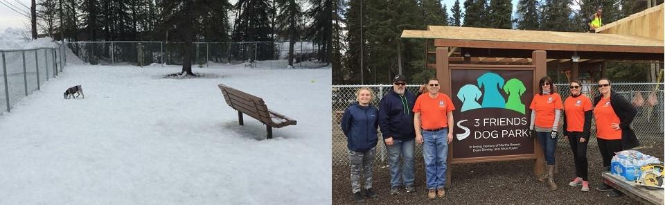 Dog running in the snow in a park with a bench and a tree; REALTORS® & volunteers standing next to the 3 Friends Dog Park's sign