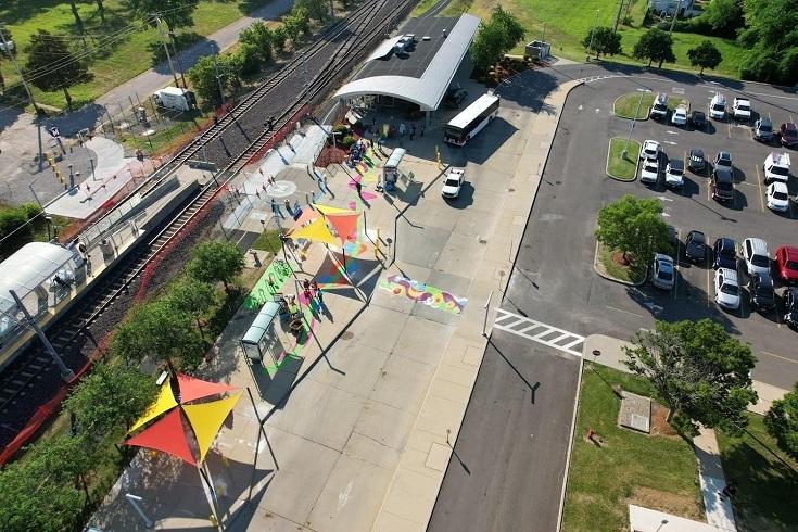 Overhead view of the completed pedestrian plaza at the Belleville transit center.