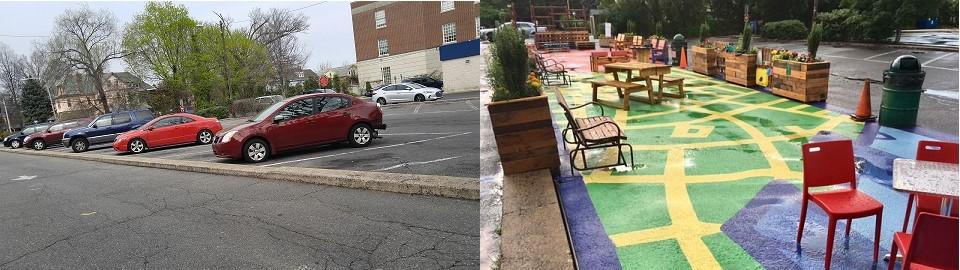 Before & After: Car parking lot turned into a colorful ground mural filled with tables, chairs and toys, and lined with plants.