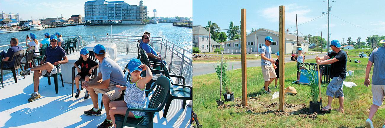 Two images: People on the deck of a boat heading for a dock, and volunteers planting trees in a garden