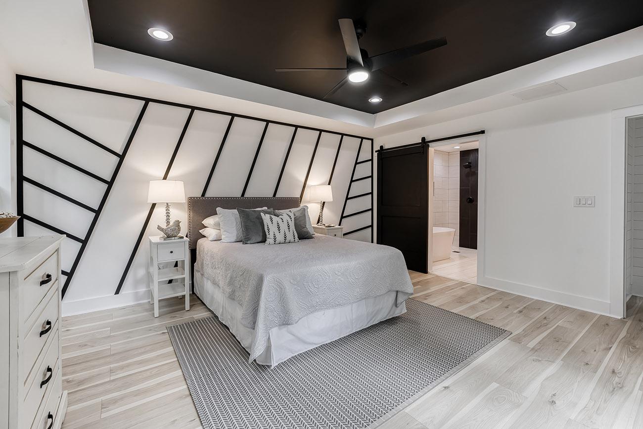 Bedroom with black ceiling