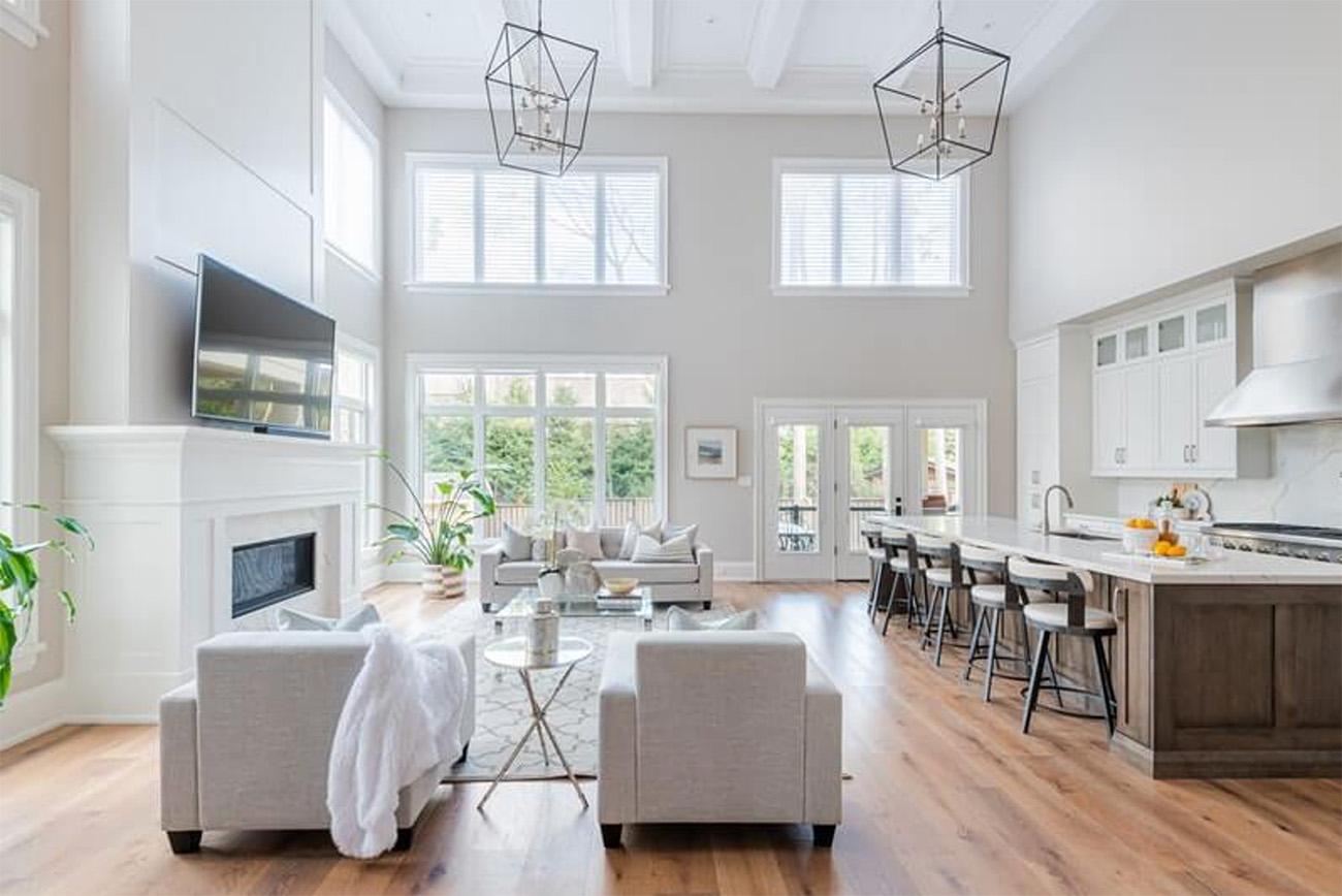 Staged Living Room With Tall Ceilings