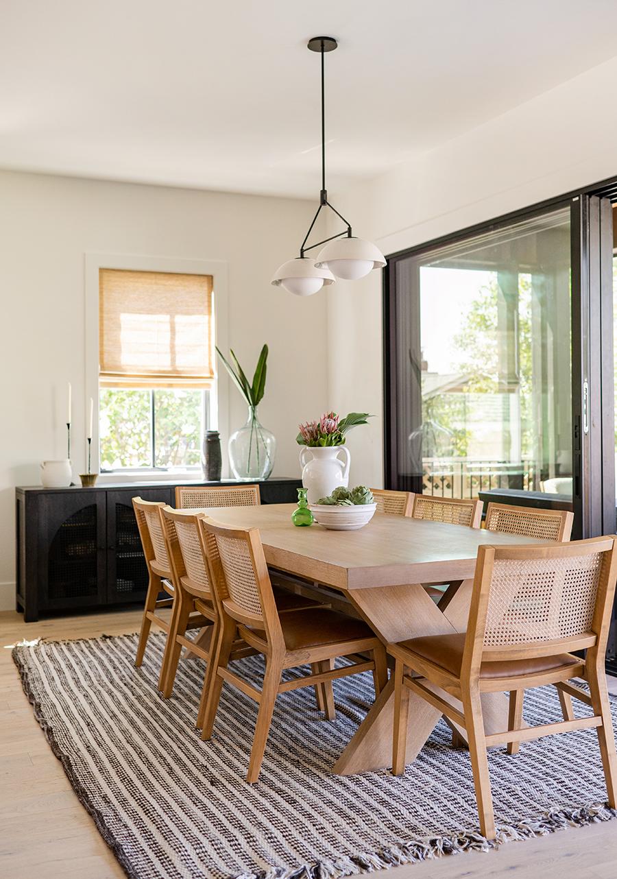 Woven chairs around table