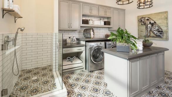 staged laundry room with dog amenities